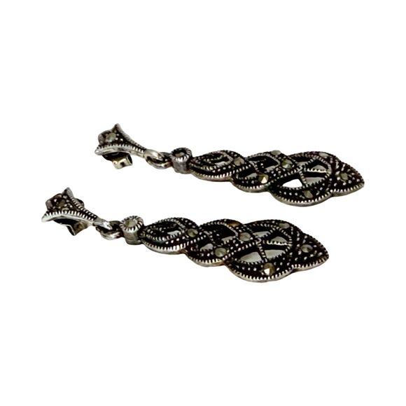 925 Sterling Silver Marcasite Dangle Earrings 1 3/8" Tiered Art Deco Sparkle - Picture 8 of 10